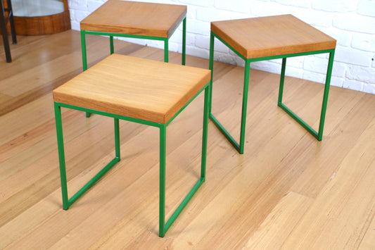 Modern designer stools /side table in natural Oak green frame