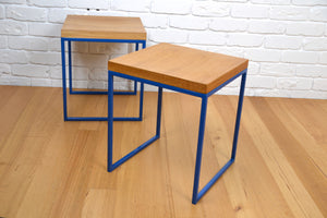 Pair Modern designer stools /side tables in natural Oak blue frame