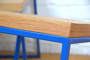 Pair Modern designer stools /side tables in natural Oak blue frame