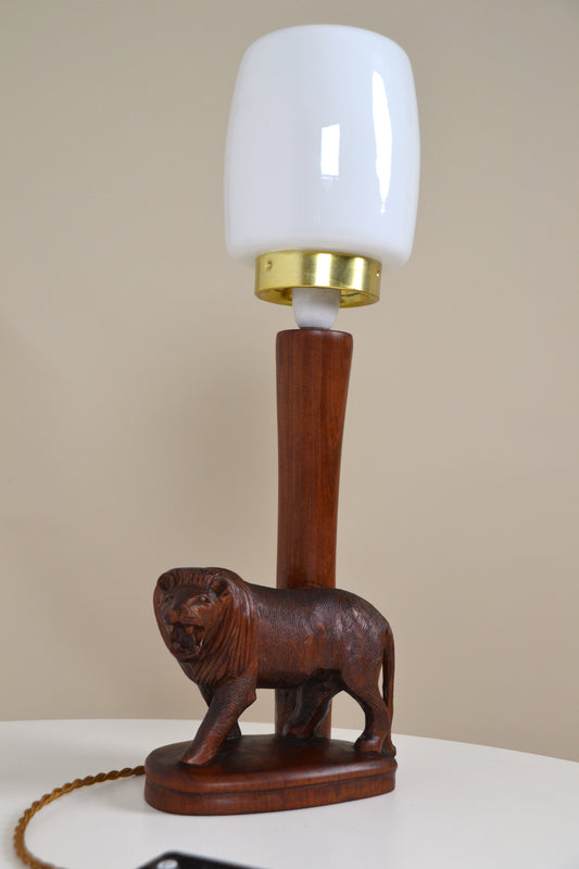 Vintage Teak Lion carved figured lamp