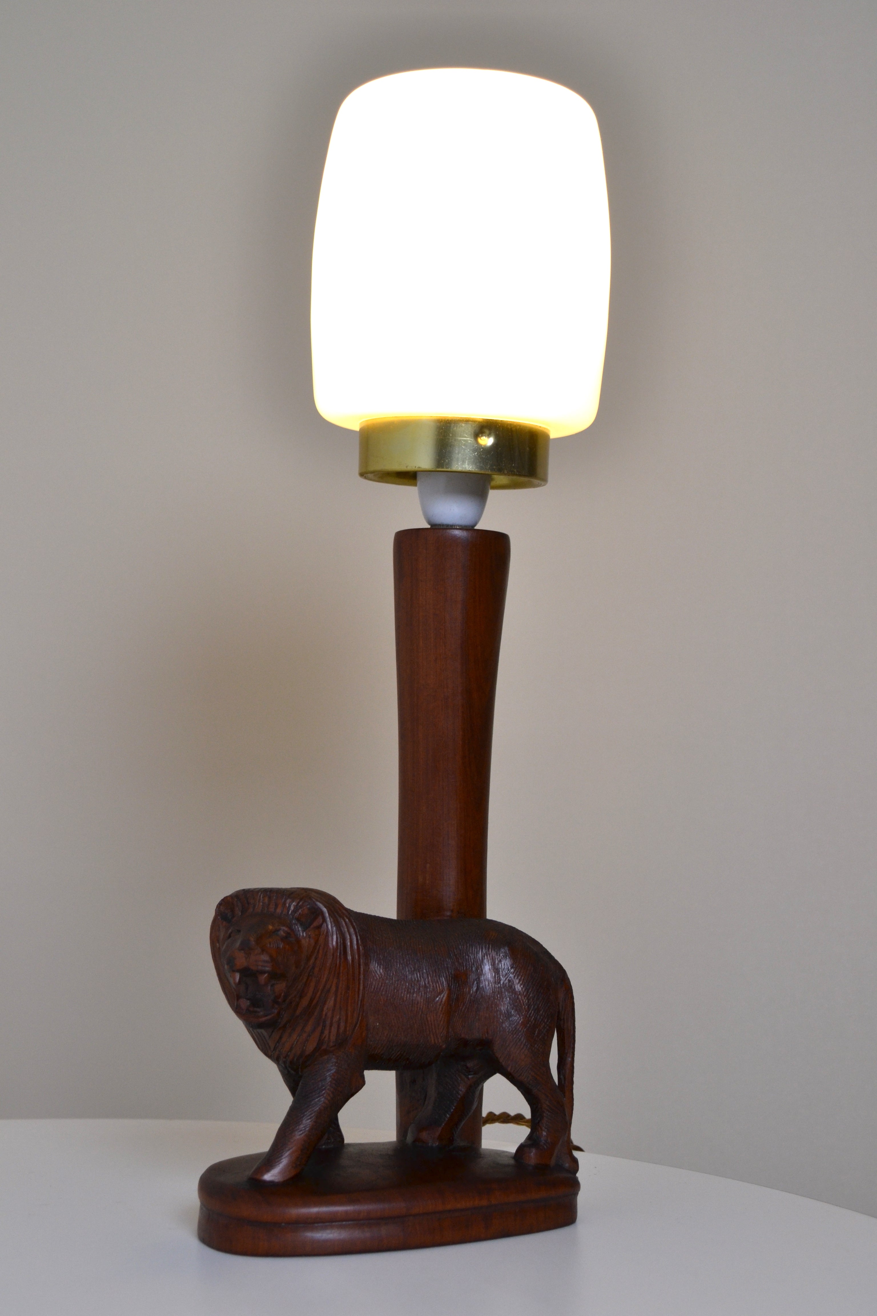 Vintage Teak Lion carved figured lamp