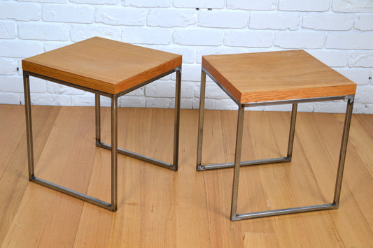 Pair Modern designer stools /side tables in natural Oak