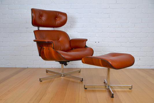 Mid century leather lounge armchair / footstool Plycraft George Mulhauser / Eames - Restored