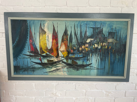 Mid century 1950s oil painting by Zahlau / sail boats