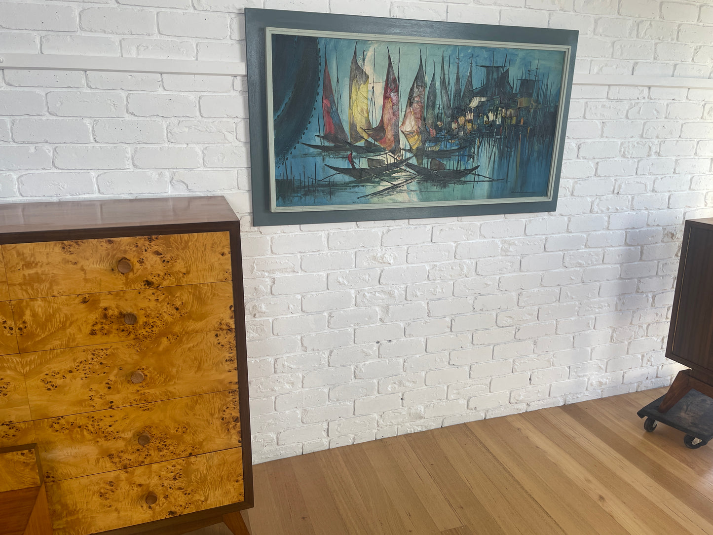 Mid century 1950s oil painting by Zahlau / sail boats