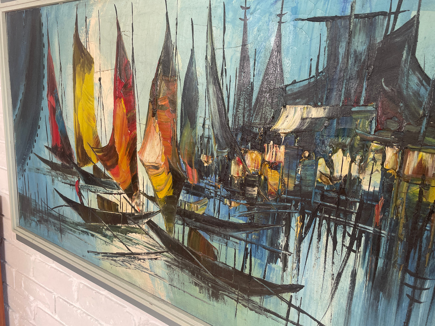 Mid century 1950s oil painting by Zahlau / sail boats