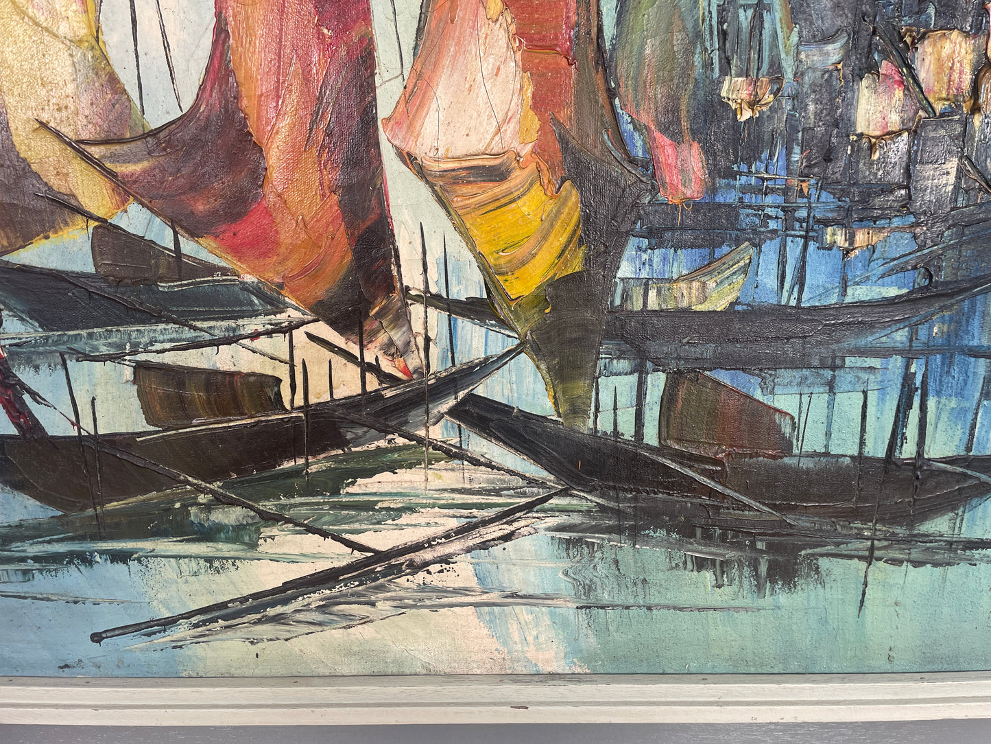 Mid century 1950s oil painting by Zahlau / sail boats